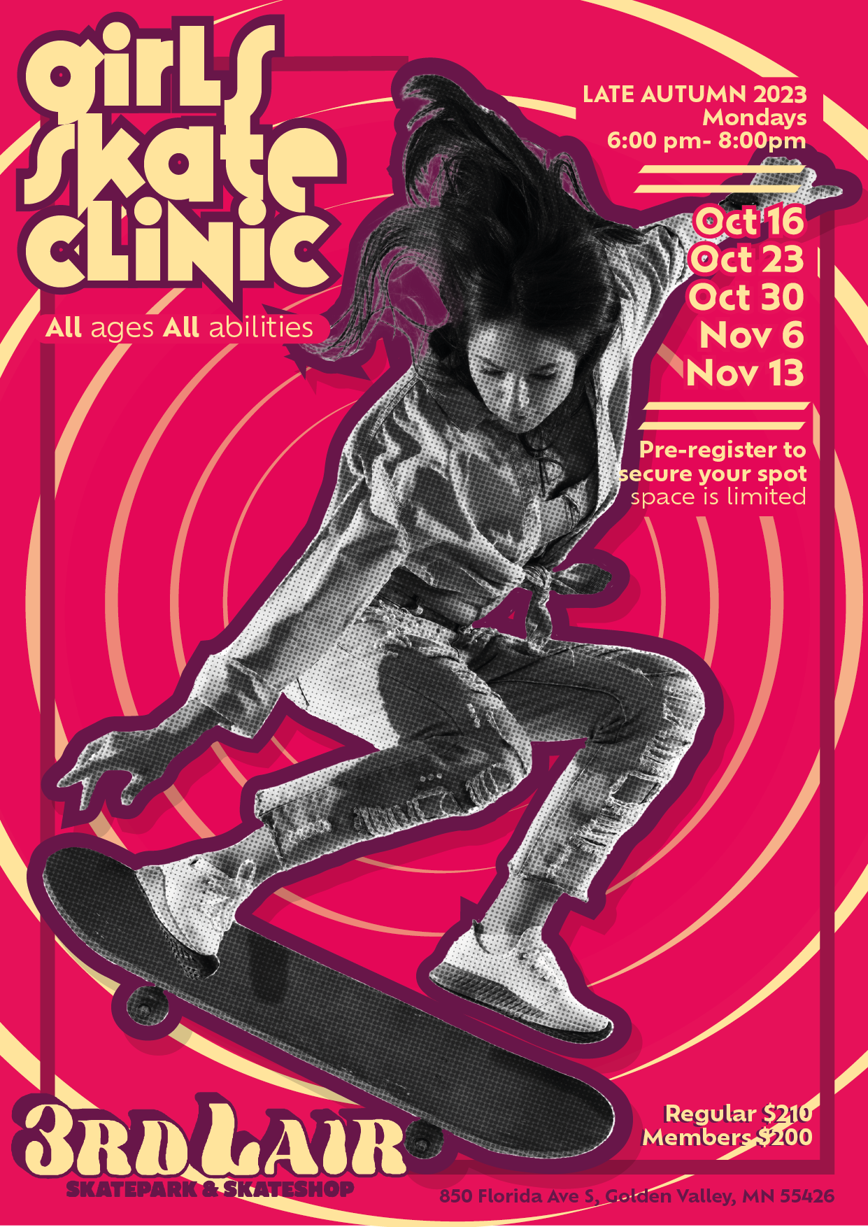 girls skate clinic poster, finial design